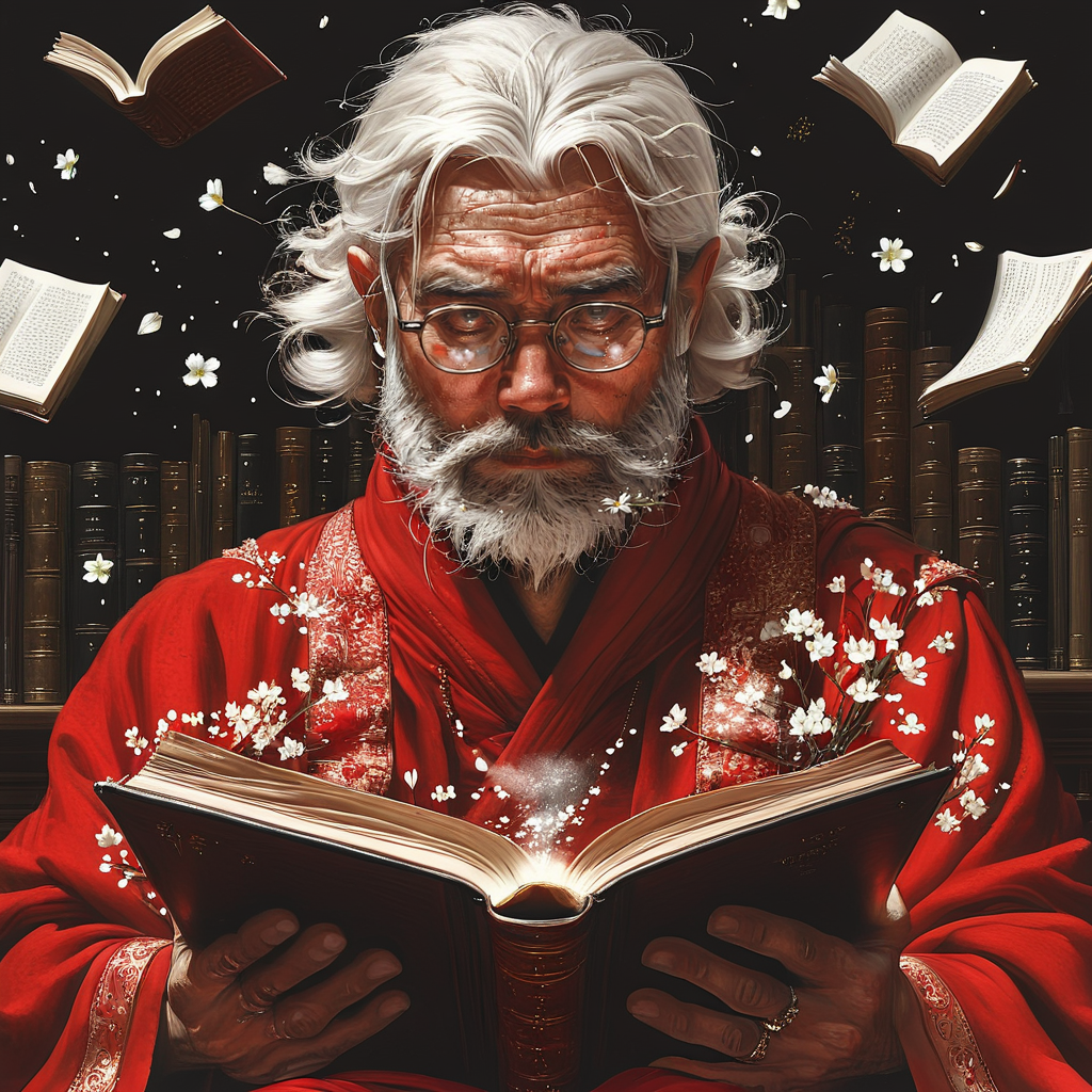 <lora:Hyperdetailed_IllustrationSDXL:1> ArsMJStyle, HyperDetailed Illustration, The image is a digital illustration of an elderly man with white hair and a beard wearing a red robe with white flowers on it. He is holding an open book in his hands and appears to be engrossed in reading it. The background is dark and there are several pages of text flying around him creating a sense of movement and energy. The man is wearing glasses and has a serious expression on his face. The overall mood of the image is one of concentration and focus., book, 1boy, male focus, jewelry, facial hair, solo, open book, glasses, beard, holding