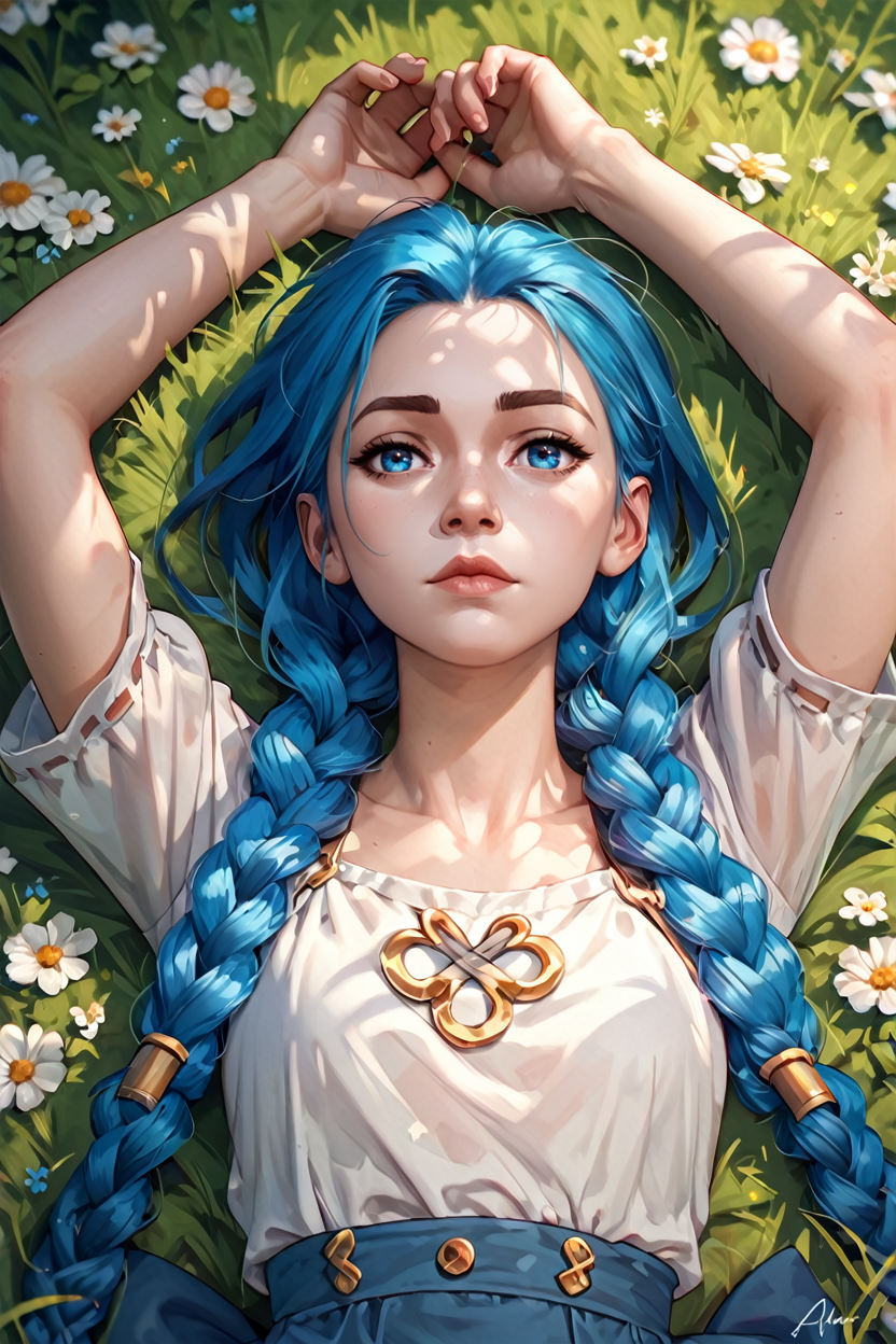 score_9, score_8_up, score_7_up, score_6_up
<lora:AJinx:0.8>
AJinx, 1girl, blue hair, twin braids, blue eyes, long hair, looking at viewer, lying in a field of wildflowers, arms stretched out, sun shining through the clouds, soft and warm lighting, peaceful and nature-connected feeling
