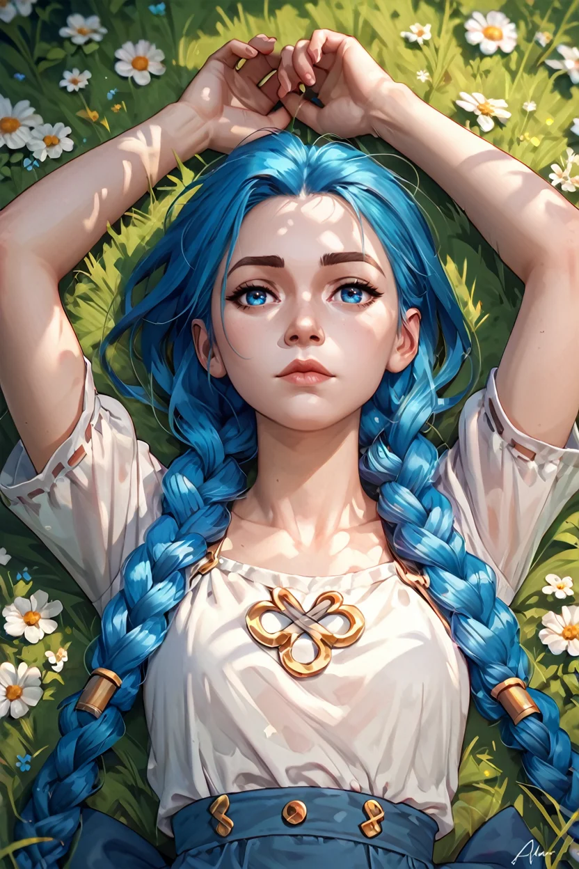 score_9, score_8_up, score_7_up, score_6_up
<lora:AJinx:0.8>
AJinx, 1girl, blue hair, twin braids, blue eyes, long hair, looking at viewer, lying in a field of wildflowers, arms stretched out, sun shining through the clouds, soft and warm lighting, peaceful and nature-connected feeling