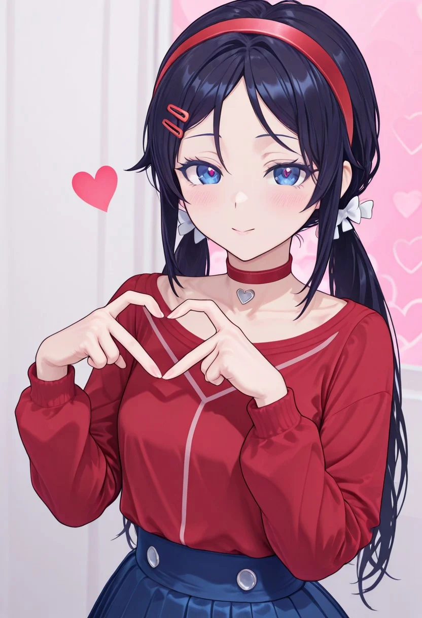 mita,1girl, solo, petite, hair ornament, perfect, sexy, twintails, red choker, red hairband, long hair, blue eyes, black hairs, blue skirt, white bows, two ordinary small red clips, red shirt, 
heart hands, 4-Finger Heart Hands,