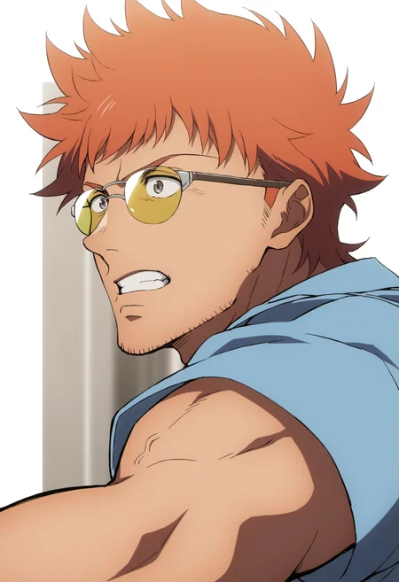 1boys, tetsutotsumura_summertime, stubble,orange hair, short hair, stubble, gray eyes, police uniform, tight blue shirt, sunglass, ((veiny arms)), score_8_up, score_7_up, score_6_up, score_9,manly, muscular, middle-age man, a man in street, centered, face_focus, detailed eyes, 8k uhd, high quality, anime color, side view, running, dynamic angle