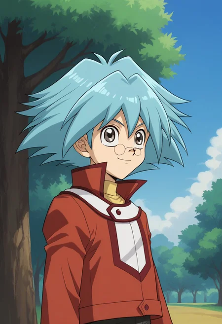 score_9, score_8_up, score_7_up, source_anime, highly detailed,
ShoMarufuji, solo, 1boy, male focus, glasses, smile, blue hair, spiked hair, grey eyes, pince-nez, pants, red slifer uniform, red jacket, black pants, long sleeves, upper body,
outdoor, sky, tree