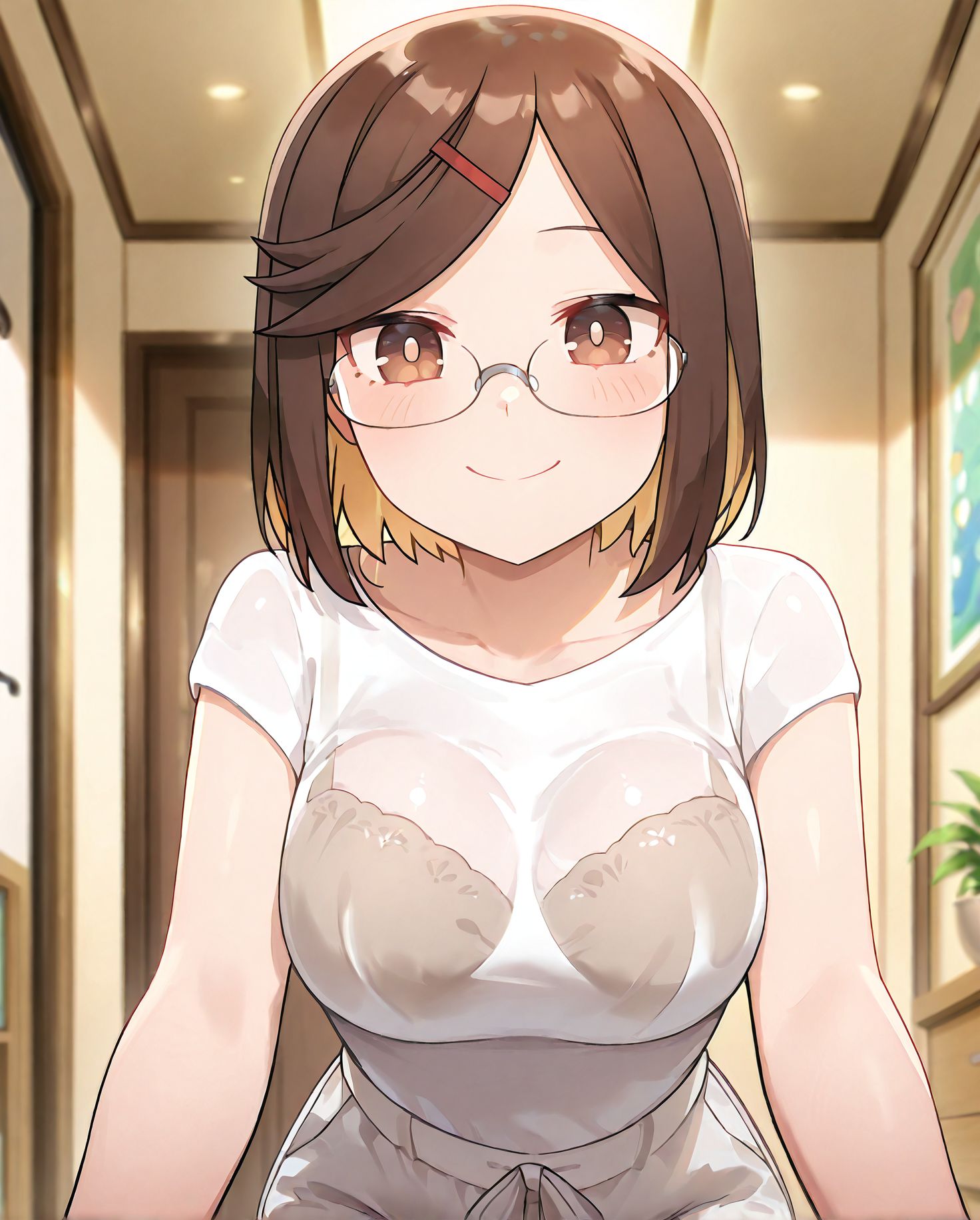 masterpiece best quality newest absurdres highres detailed eyes beautiful detailed background perfect eyes anime coloring anime screencap<lora:add-detail-xl:0.5>,
<lora:sheer_clothing:0.9>,sheer_clothingV1,
1girl,breasts,shorts,smile,dress, 
sheer clothing with visible bra,
see-through clothes, 
BREAK
<lora:Koga_Konoha_v1.0_Illustrious-000040:1>, Koga Konoha,brown eyes,brown hair, hairclip,glasses,
mature female, 20YO,