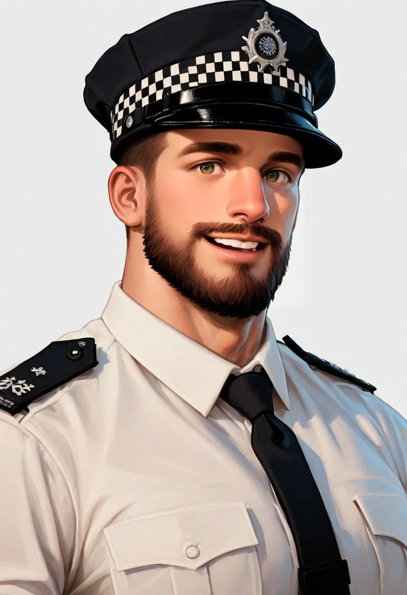 1boy,facial hair,male focus,solo,beard,hat,mustache,portrait,looking at viewer,uniform,shirt,black necktie,collared shirt,necktie,peaked cap,short hair,black headwear,police hat,muscular,mature male,happy,
simple background,
<lora:4k:1>,<lora:chequered_police_helmet_UK_police_hat:1>,