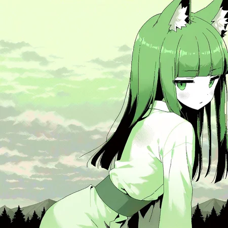 (dithering, green tone:1.8),pastel color tone, lowres,jaggy lines, [realistic::0.1]
1girl, fox ears, long hair, straight hair, blunt bangs, short bangs, eyebrows, sidelocks,small breasts, windy
white kimono, obi, long sleeves, from side ,pose, looking at viewer, hands on front, leaning forward, parted lips, 
standing, skinny , (jitome:1), upper body, 
light green background, forest background, (cloudy sky:1.5)
<lora:Dithering:0.8>,<lora:hand 4:0.3> 
best quality, very aesthetic, absurdres,