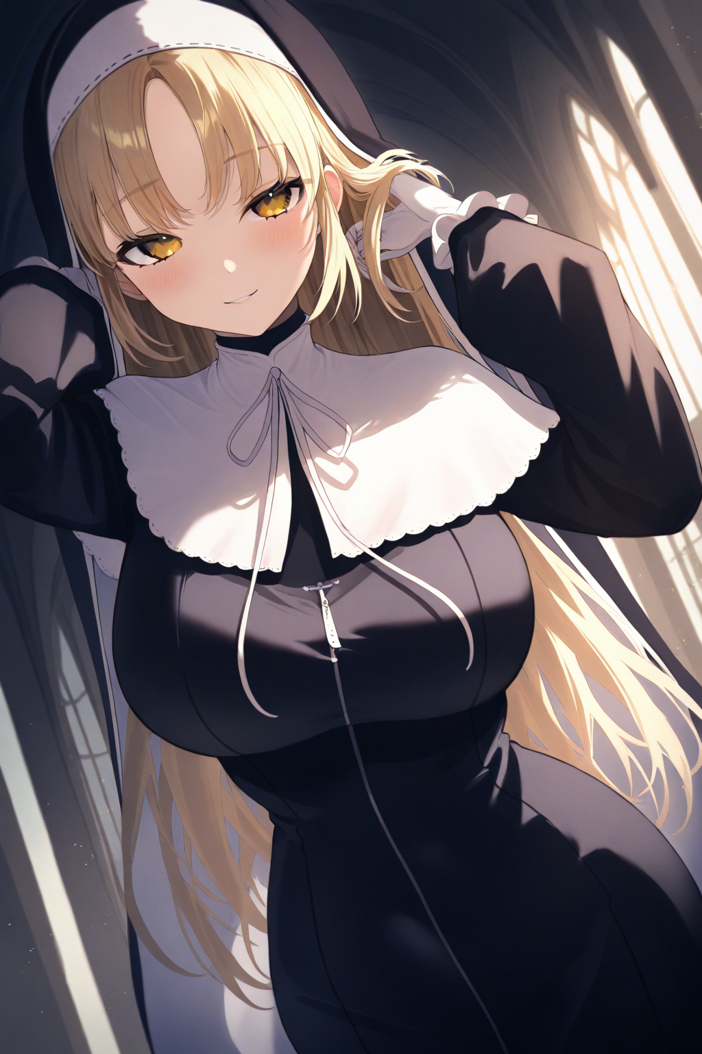 masterpiece, high score, great score, absurdres,
night, moonlight, sidelighting, light particles,
1girl, solo, dutch angle,
sister claire,
sister claire 1st costume,
long hair, blonde hair, straight hair, parted bangs, eyelashes, yellow eyes,
seductive smile, blush,curvy,
virtual youtuber, nun, habit, high collar, white capelet, neck ribbon, 
breasts,
long sleeves, white gloves, adjusting hair,
full-length zipper, 
church, 
<lora:kp_SisterClaireAnimagineXL_v1:1.0>