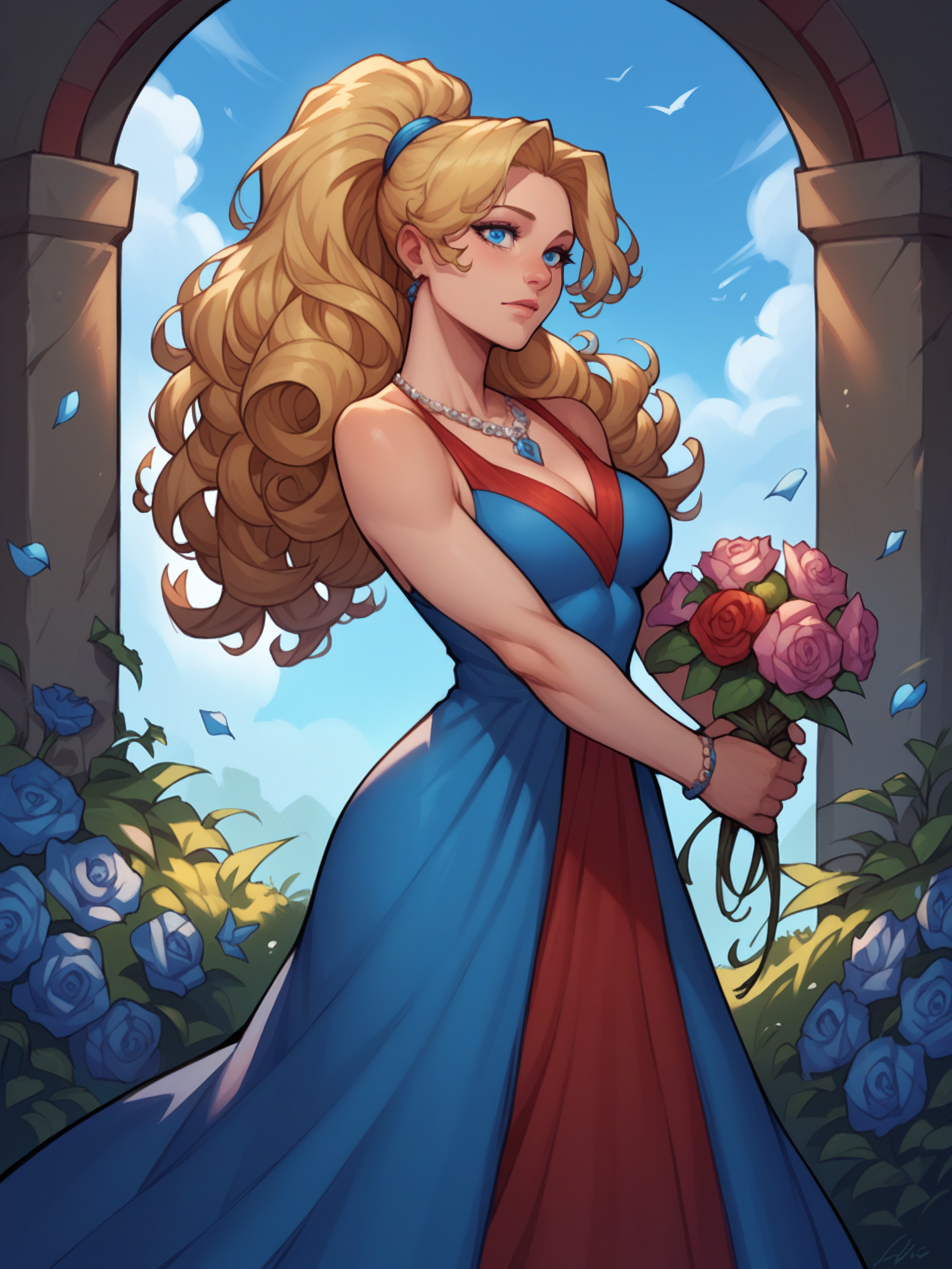 score_9, score_8_up, score_7_up, score_6_up, 1girl, blond hair, long hair, ponytail, curly hair, blue eyes, long dress, necklace, flowers, (Al Rio), <lora:AL_Rio_Pony_v1.0:0.8>