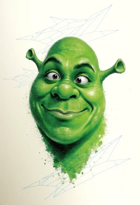 <lora:Acrobatic_Maneuvers_Style_FLUX-000015:0.9>
This image is a digital drawing that combines elements of surrealism and modern art. The central figure is a stylized, three-dimensional representation of Shrek's head, with striking details rendered in various shades of green and white.