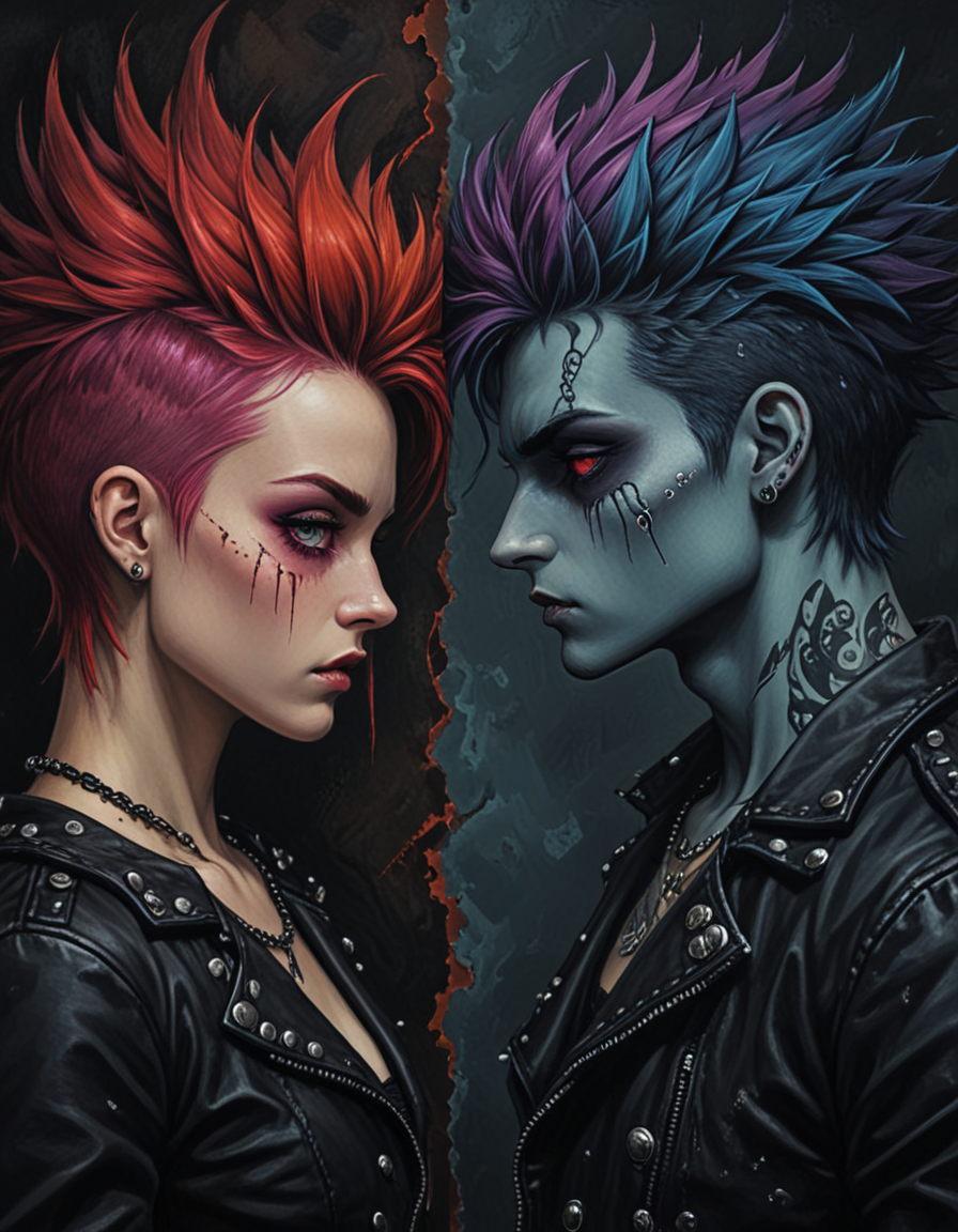 novuschroma69 dual dichotomy punk woman and man  <lora:novuschroma69 dual:1.5> <lora:sdxl_lightning_8step_lora:1>