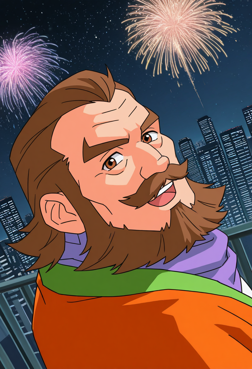 1boy, night, (close-up:1.75), looking at viewer, fireworks, laughing, starry sky, dutch angle, squatting, looking back,
skyscraper, city, male focus,
BREAK
<lora:Ximen_Hao_from_Shenbingxiaojiang_v1.0:1>
ximenhao, mature male, brown hair, brown eyes, thick mustache, beard, long sideburns, thick eyebrows,
BREAK
orange robe, green trim, white shirt, purple scarf,
BREAK
very awa, masterpiece, best quality, absurdres, newest, perfect quality, detailed background, intricate details,