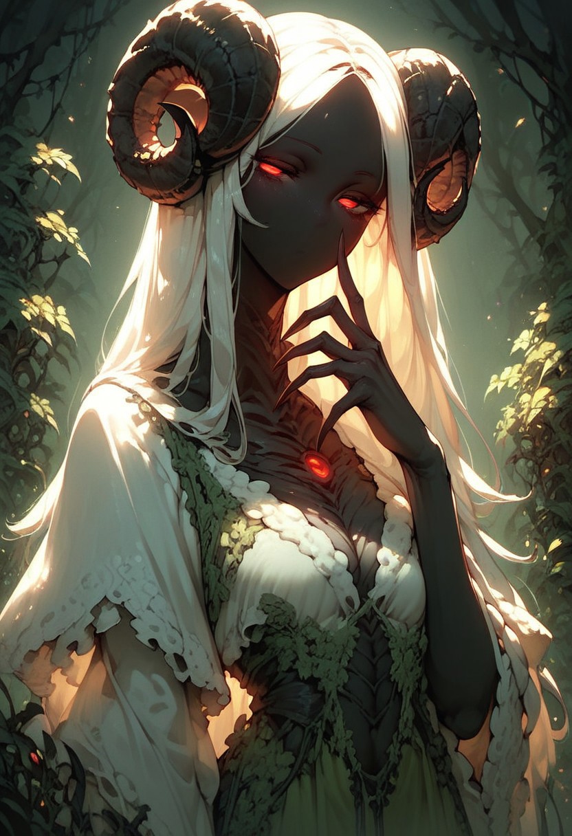 score_9, score_8_up, score_7_up, score_6_up,  cowboy shot, front angle, monster, female, deep black skin, (glow red eyes, half-close eyes), (sheep horn), moss dress, (not mouth, not nose), plant long hair, long finger, sharp finger,