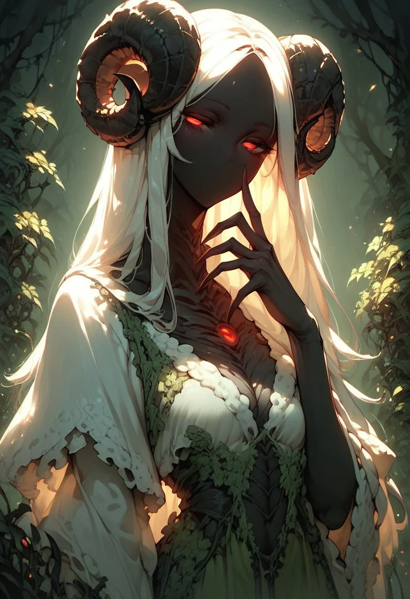 score_9, score_8_up, score_7_up, score_6_up,  cowboy shot, front angle, monster, female, deep black skin, (glow red eyes, half-close eyes), (sheep horn), moss dress, (not mouth, not nose), plant long hair, long finger, sharp finger,