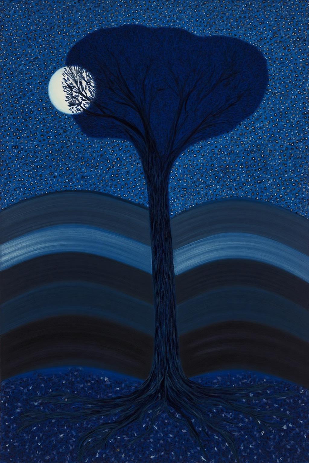mawo1 painting
A painting characterized by a surreal, dreamlike atmosphere. The scene depicts a stylized landscape at night. The sky is a deep, gradient blue, transitioning from a darker shade at the top to a lighter hue near the horizon, dotted with numerous small, white specks that give a starry effect. A large, stylized tree with a thick, gnarled trunk stands in the center of the composition. There is a full moon partially hidden by the tree in the sky. <lora:mawo1_cap_d6a3e12:1.0><lora:821399494777294640:0>