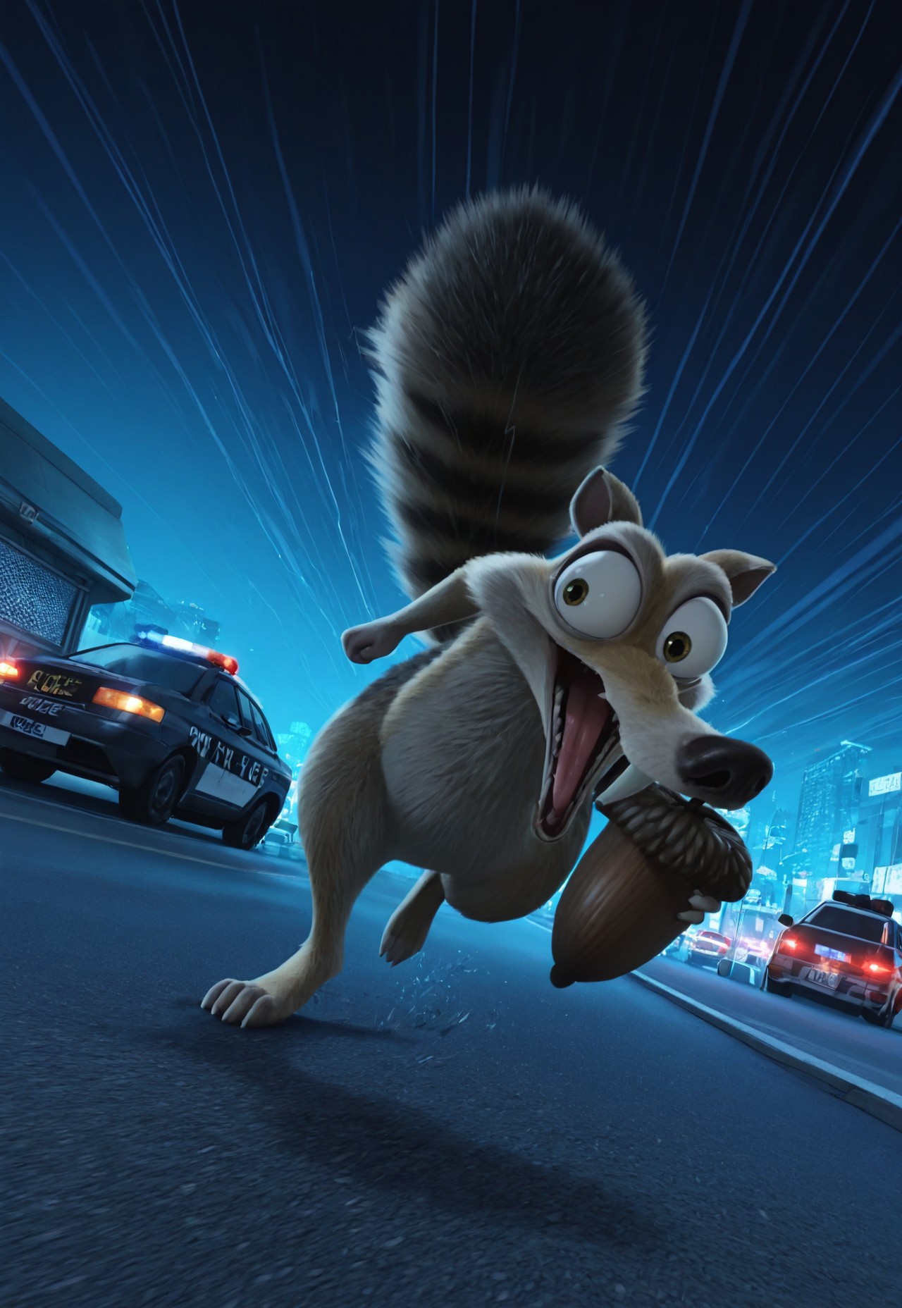 Masterpiece, absurdres, highest quality, highly detailed, newest, 8k, cartoon style, vivid colors, closeup, animal, Scrat, long snout, bushy tail, bulging eyes, manic expression, open mouth, intense expression, black eye mask, burglar outfit, tongue out, striped tail, holding a big brown acorn, running, police cars in the background, flashing police lights, police chase, flashing red and blue lights in the background, urban setting, motion lines, detailed background, dynamic angle, night,