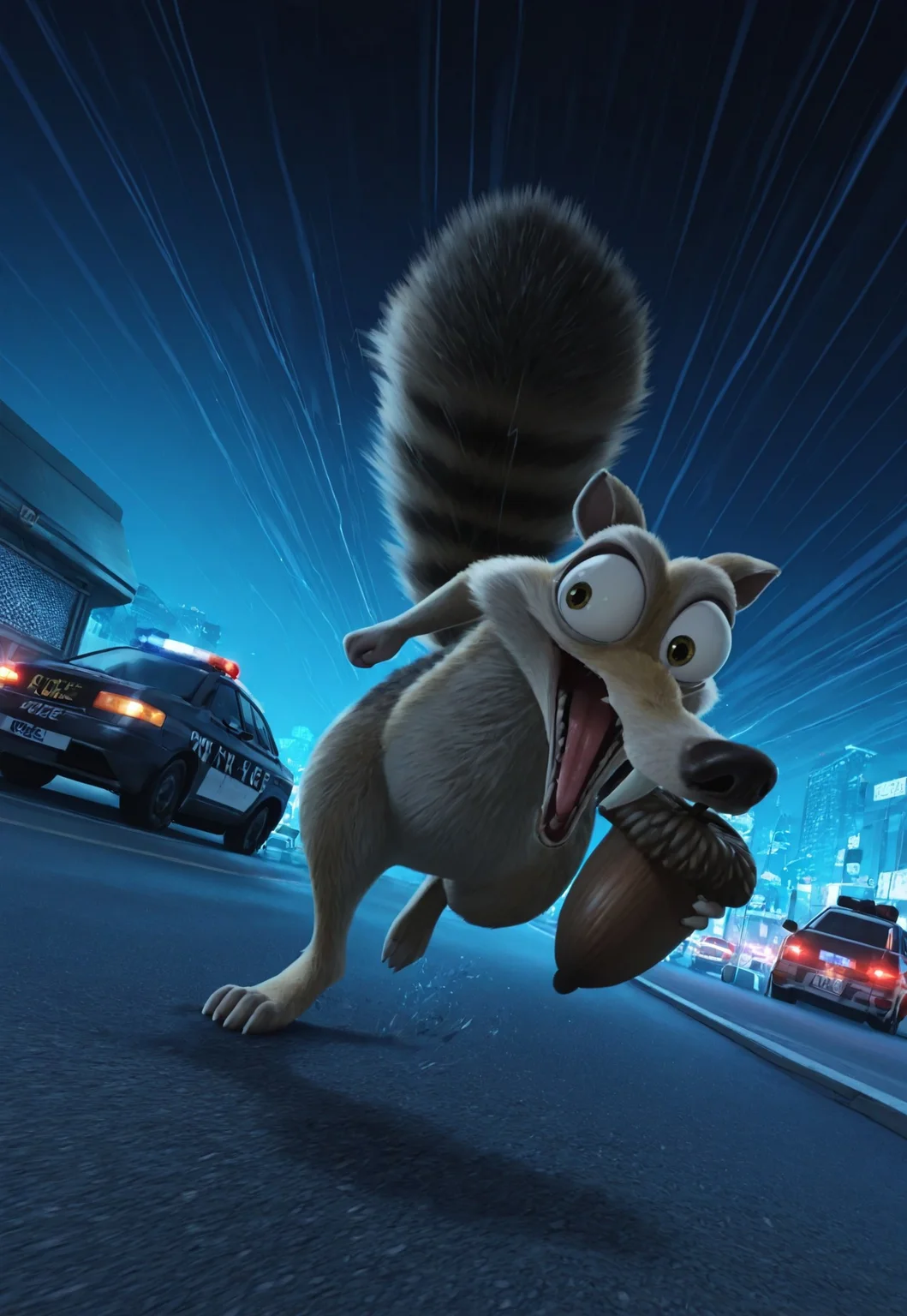 Masterpiece, absurdres, highest quality, highly detailed, newest, 8k, cartoon style, vivid colors, closeup, animal, Scrat, long snout, bushy tail, bulging eyes, manic expression, open mouth, intense expression, black eye mask, burglar outfit, tongue out, striped tail, holding a big brown acorn, running, police cars in the background, flashing police lights, police chase, flashing red and blue lights in the background, urban setting, motion lines, detailed background, dynamic angle, night,