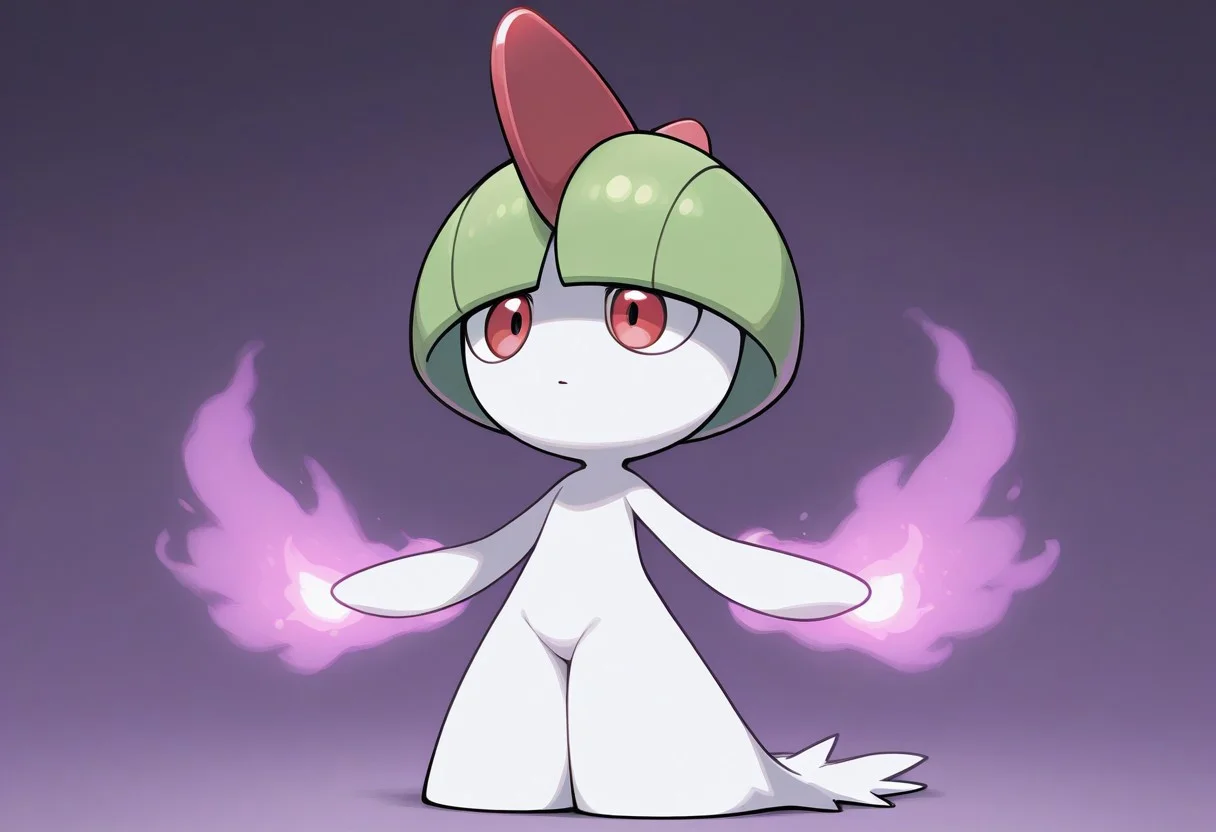 masterpiece, best quality, amazing quality, solo, ralts, pokemon\(creature\), chibi, white body, short hair, bangs, green hair, red horns, red eyes, standing, purple magic, glowing hands
