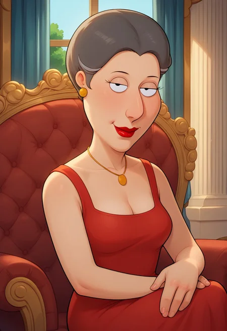 score_9,score_8_up,score_7_up,score_6_up,best quality,masterpiece, background is mansion, indoors, windows, chandeliers, chair, sitting in chair, 1girl, solo,
BREAK
barbarapew, gilf, grey hair, streak in hair, black eyes, seductive, smiling, no teeth, eyes half closed, beckoning, 1 hand on lap, cleavage, breasts, earrings, necklace, makeup, lipstick, looking at viewer,