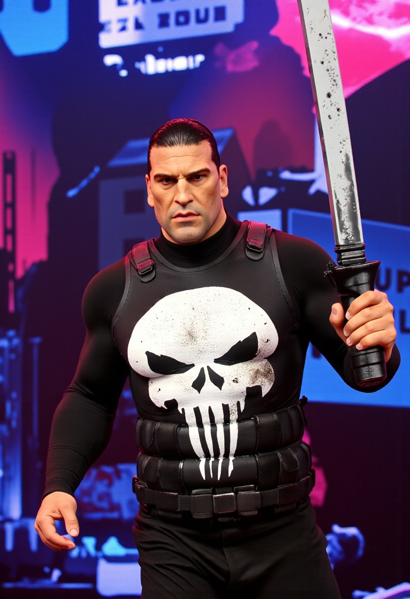 high angle camera view from above and at a distance, realism, perfection style, bosstyle, skin texture style, Photo Quality Frank Castle Male Face with a stubbled Black beard, Caucasion Skin, Chort Black Military style haircut, detailed, facial expression style, High details face, High detailed Eyes, Full Body view, The Punisher Battle Worn White dirty Skull Motif painted on the chest of his Man in Gothic armour, futuristic, Jet Black with Black Trim Exosuit, Heavy Mech, Dynamic Aggressive Combat Pose, Exosuit, Extremely Low V cut top, Power Armor, futuristic, Tactical Futuristic Samurai Sword, Perfect hand, Fighting a Dragon, Heavy Mech, Armor Color Jet Black with Black Trim and a dirty white Skull Motif painted on the chest, Robot, Full body, Ready to strike, futuristic, (off-center composition, left aligned, Portrait),  Detailed hand, battle-worn, Gothic Neon Cyberpunk Night City Cityscape Background, cinematic film still glamorous photo dark art by Rafael Zabaleta, expressionism art by Asger Jorn, vibrant, Abstract expressionism, experimental painting techniques, bold bright colors, dynamic compositions, Expressionism, emotive brushwork, brilliant tones, dramatic lighting, introspective themes. high fashion, luxurious, extravagant, stylish, sensual, opulent, elegance, stunning beauty, professional, high contrast, detailed. shallow depth of field, vignette, highly detailed, high budget, bokeh, cinemascope, moody, epic, gorgeous, film grain, grainy