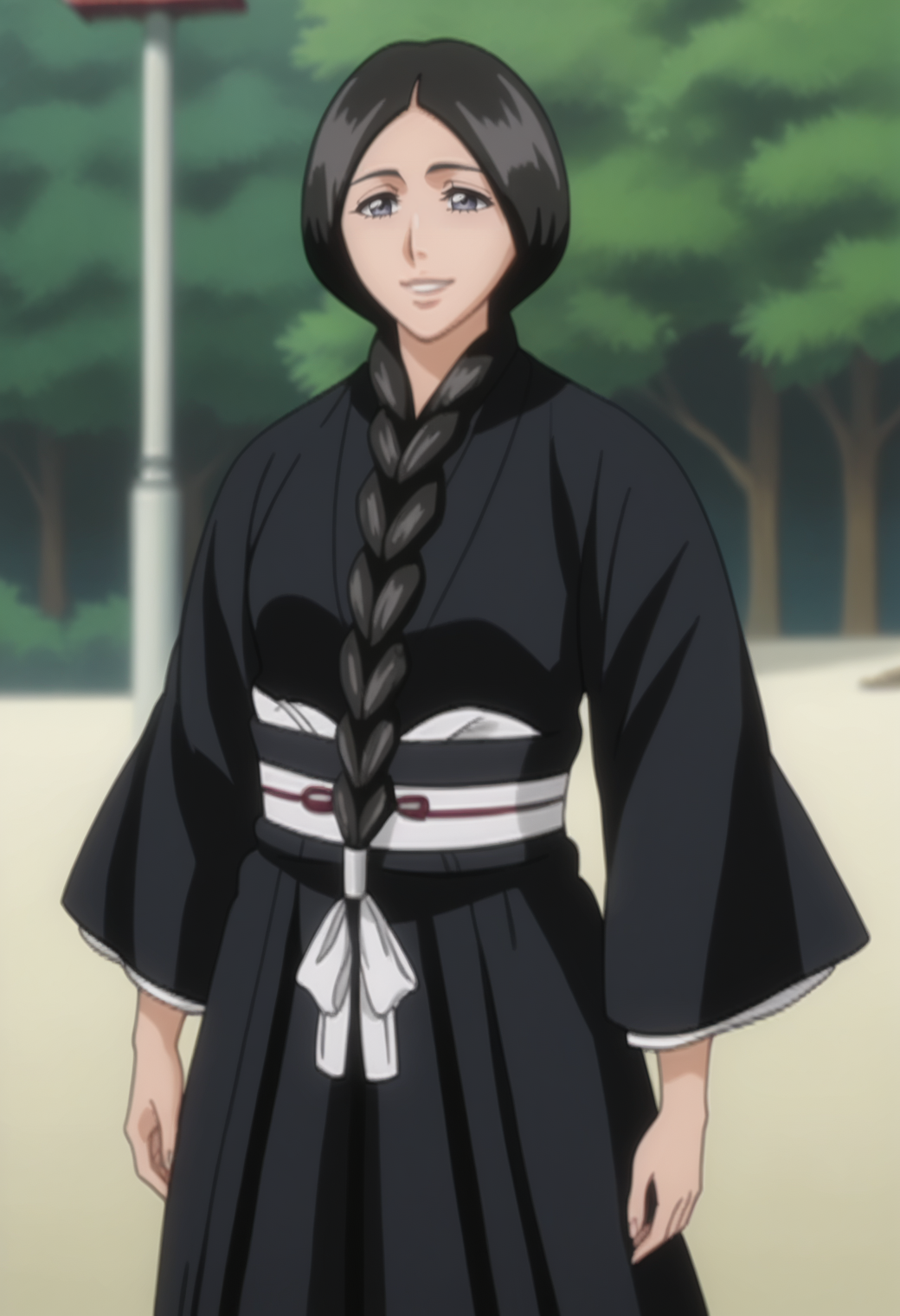 score_9, score_8_up, score_7_up, source_anime, BREAK 1girl, solo,mature female, cowboy shot, <lora:DX888Retsu:1>, unohana retsu, black hakama,  smile, anime screencap,  single braid,