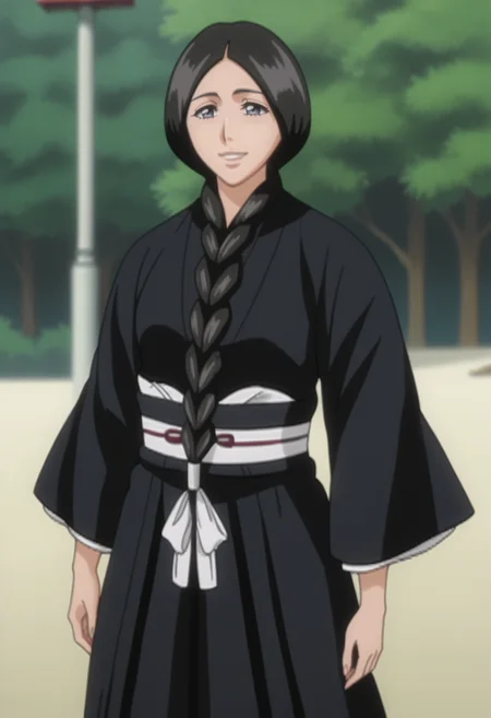 score_9, score_8_up, score_7_up, source_anime, BREAK 1girl, solo,mature female, cowboy shot, <lora:DX888Retsu:1>, unohana retsu, black hakama, smile, anime screencap, single braid,