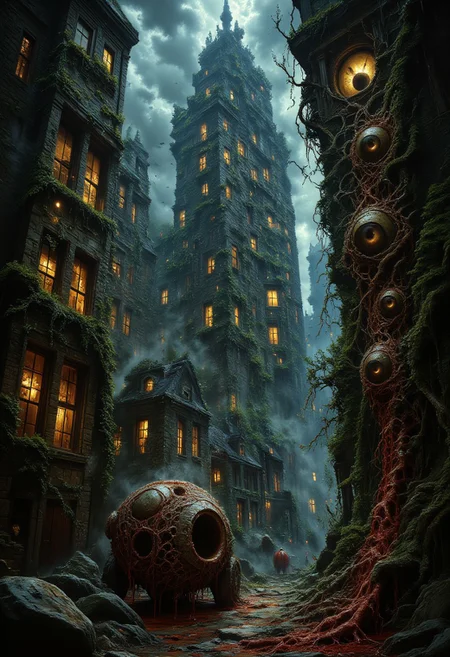 A surreal, nightmarish cityscape where towering skyscrapers and houses are made of living flesh and twisting vines. The organic structures pulse with life, their walls embedded with countless human eyes that blink and watch from every surface. Veins and arteries weave through the architecture, glowing faintly as they pump a mysterious crimson fluid. The streets are lined with strange, biomechanical vehicles, their wheels formed from tangled blood vessels that pulsate with each movement. The air is thick with a mist that seems almost alive, shifting and swirling as if whispering unseen secrets. Amidst the eerie beauty, the city feels both alien and disturbingly familiar—a haunting fusion of nature and humanity’s creations, thriving in an unsettling, symbiotic existence. aidmamj6.1, aidmaimageupgrader, bo-exposure