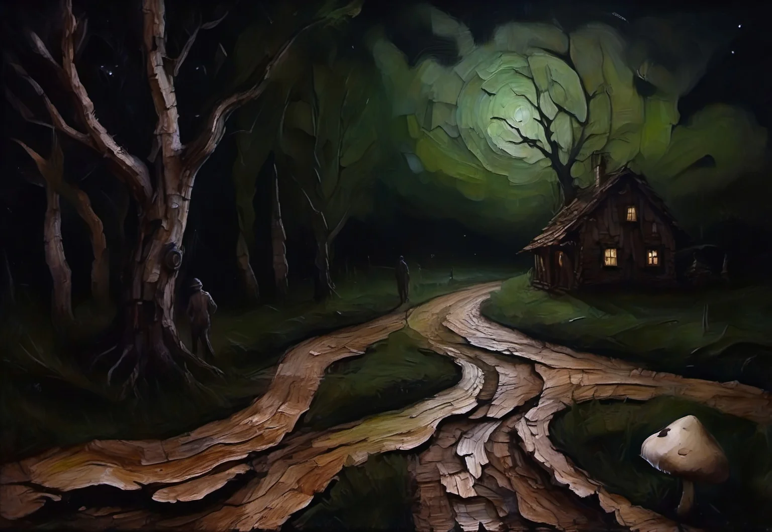 a surrealist painting of a dark meandering country road made out of (Jed-brk), night, birch trees, a dark human figure, green moonlight, swirly, ((stars)), dark-grasshrooms, dark, backlit, low key, sidelight, silhouette, depth of field, blurry foreground