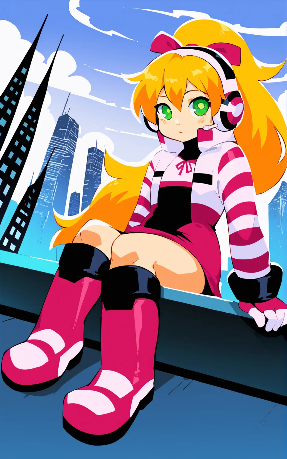 score_9, score_8_up, score_7_up,((best quality)), absurdres, <lora:BolivanteStyle:0.8>, <lora:CMN9PXL:0.8>,CMN9PXL, hair ribbon, ponytail, boots, headphones, knee boots, headset, striped sleeves, dress, skirt, multicolored dress, green eyes, pink dress, pink boots, long hair,blonde hair, gloves, ribbon, city, futuristic, sitting,