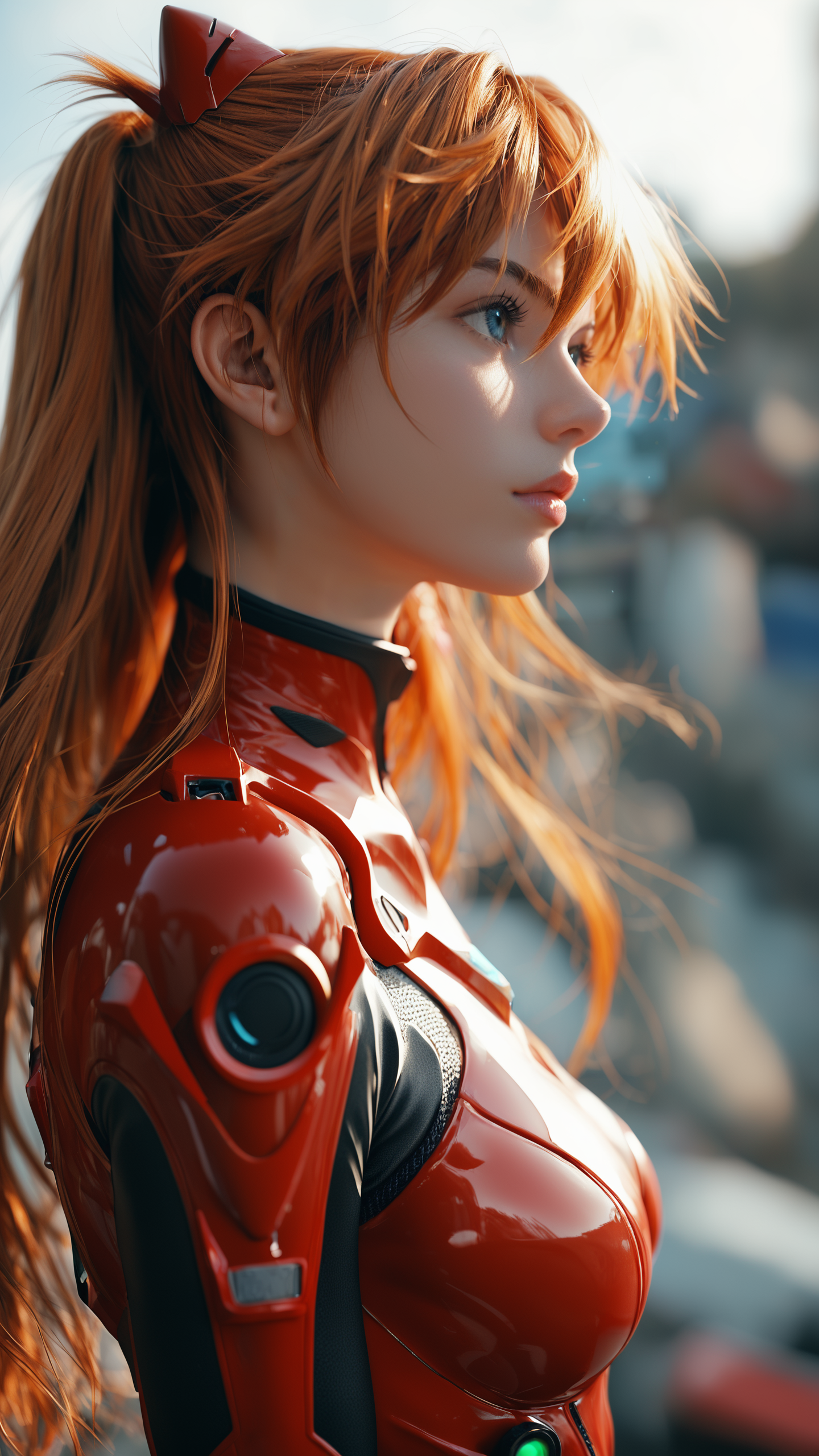 score_9, score_8_up, score_7_up, 1girl, solo, long hair, bangs, blue eyes, closed mouth, upper body, outdoors, orange hair, blurry, from side, lips, bodysuit, profile, floating hair, depth of field, blurry background, letterboxed, realistic, nose, plugsuit, red bodysuit, interface headset, souryuu asuka langley