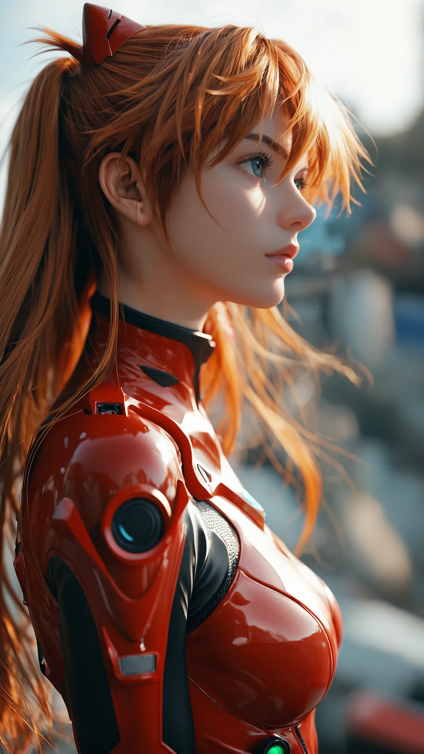 score_9, score_8_up, score_7_up, 1girl, solo, long hair, bangs, blue eyes, closed mouth, upper body, outdoors, orange hair, blurry, from side, lips, bodysuit, profile, floating hair, depth of field, blurry background, letterboxed, realistic, nose, plugsuit, red bodysuit, interface headset, souryuu asuka langley