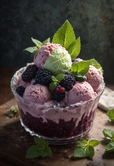 RAW photo, boysenberry ice cream, hot summer day, food photo, DSLR, fresh boysenberries and a mint sprig garnish, soft lighting, high quality, film grain, Fujifilm XT