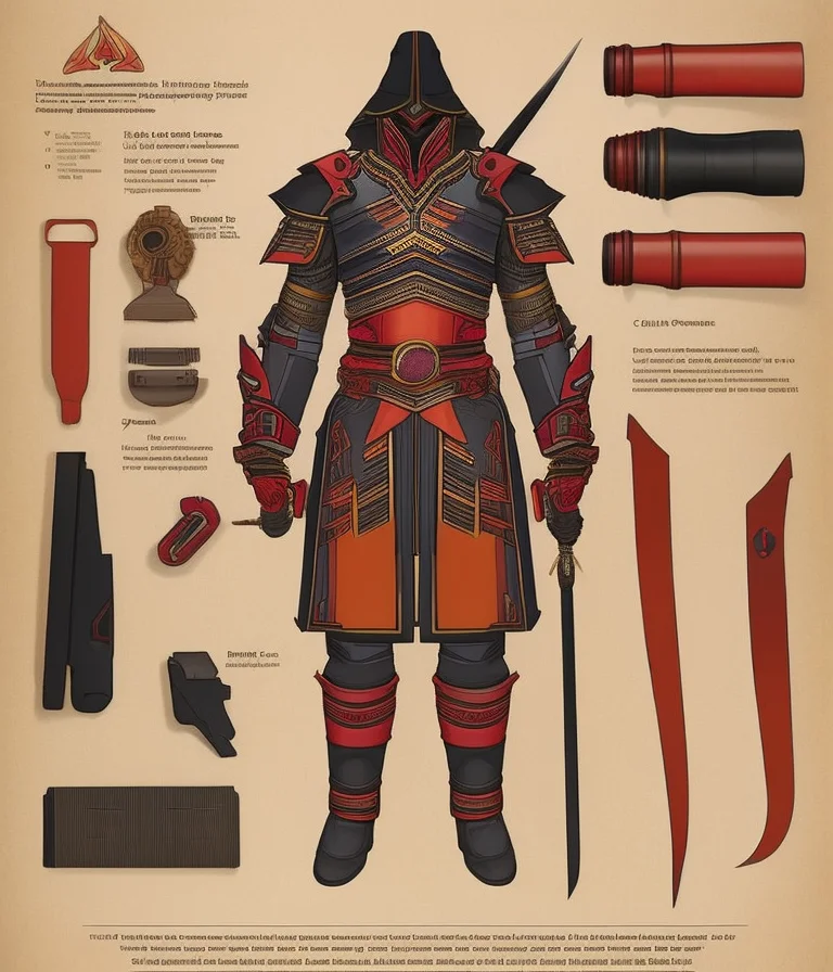 concept-art, Vector-art, CHV3CSamurai, Detailed schematics of a full page of a mechanical knolling layout, deconstruction showing a simple (cutaway:1.2) design for an ornate suit of samurai armor, Professional, masterpiece, commissioned