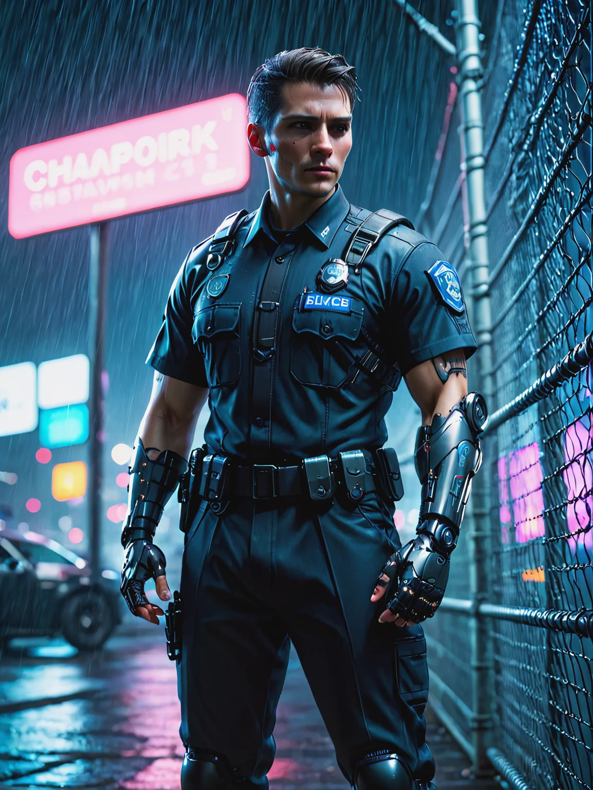 (mad-2cbrrm, mad-1cbrrm:1.3), police officer in uniform, in front of chain link fence, cyberpunk, night, neon light, haze, rain, <lora:Neon_Cyberpunk_Cyberarm_SDXL:0.8>, (masterpiece:1.2), best quality