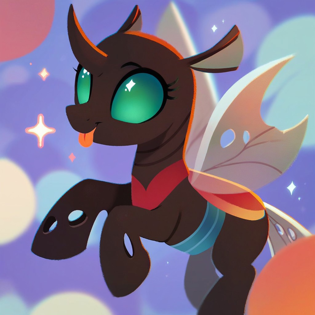 score_9, score_8_up, score_7_up, score_6_up, score_5_up, score_4_up, pikaole, solo, changeling drone, a dark skinned changeling with green eyes and a bald, short pale tail, no cutie mark, no humans, animal focus, animal, tongue out,playful, happy, coy, sparkles, portrait, proud, chin up, source_furry, my little pony, abstract background, rating_safe, soft focus, blurry edges, blurry