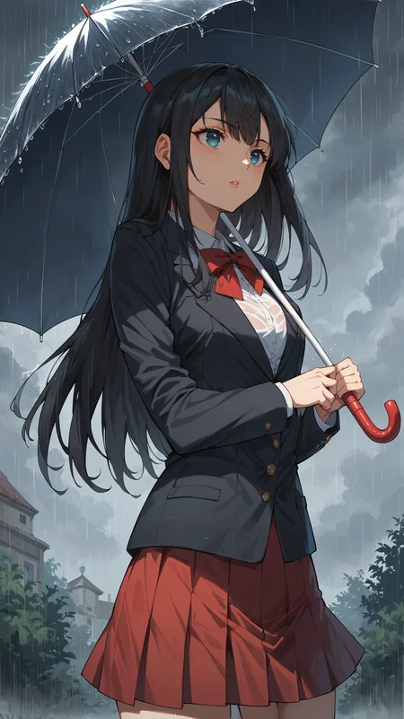 ADDCOMM score_9,score_8_up,score_7_up,score_6_up, source_anime, zPDXL3, <lora:xl_more_art-full_v1:0.5>, girl, <lora:Suzune Inukami - Pony-000004:0.8>, long hair, black hair, bangs, blue eyes, school uniform, black jacket, red skirt, holding umbrella, raining, heavy rain, storm clouds, lightning,