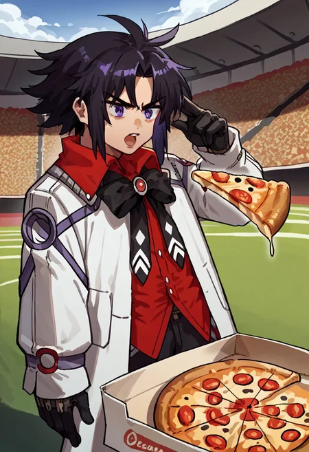 score_9, score_8_up, score_7_up, ManLevitatingPizzaMeme, pizza, pizza box, pizza slice, <lora:ManLevitatingPizzaMeme_pdxl_Incrs_v1:1>,    1boy,detailed skin,stadium,play football,revin,coat,red_shirt,black_bow,black_gloves,dark_hair,purple eyes,open mouth,<lora:revin_brenten10:1>