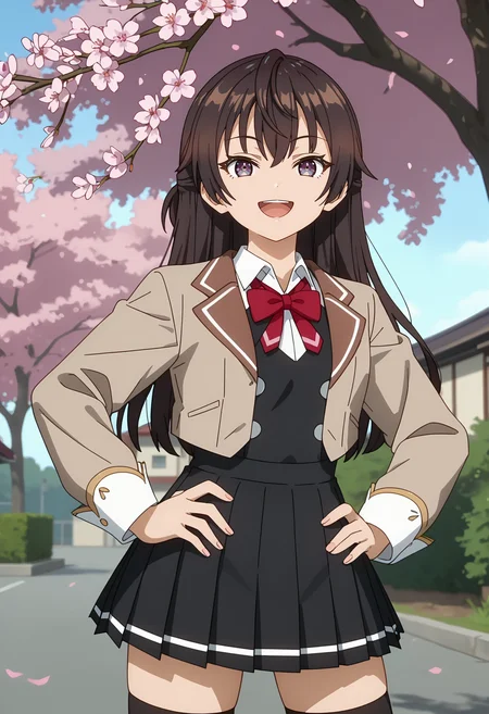 score_7_up, anime screencap, anime coloring,
<lora:Roshidere_SuouYukiXL:0.8>,
1girl, open mouth, smile, teeth,
long hair, brown hair, hair between eyes, multicolored eyes, half updo,
YukiSchool, cropped jacket, brown jacket, red bowtie, white shirt, black vest, buttons, long sleeves, pleated skirt, black skirt, (black thighhighs:1.2),
hands on own hips, looking at viewer, cowboy shot,
blurry background, school, outdoors, cherry blossoms