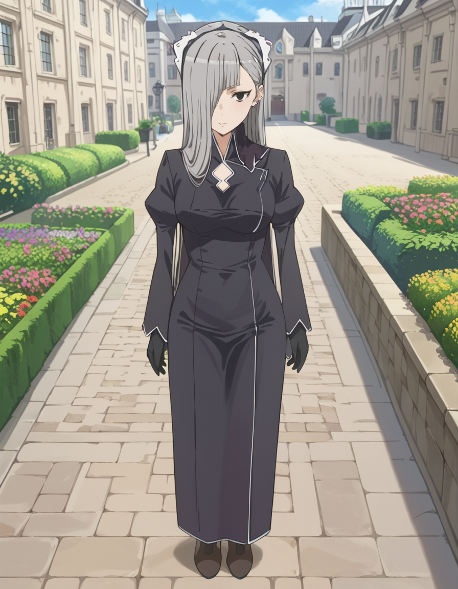 score_9, score_8_up, score_7_up, source_anime, high res image, masterpiece, best quality, BREAK
1girl, solo, looking at viewer, indoors, blurry, outdoors, garden, maze, blue sky, full body, standing, 15th century building, old building, palace, plant, isekai,
horn (danmachi s5), long hair, grey hair, maid headdress, hair over one eye, black eyes, earrings, jewelry, from above,
high collar, black dress, long dress, clothing cutout, juliet sleeves, long sleeves, black gloves, brown footwear,
<lora:horn-danmachi_s5-anime-soralz:1>