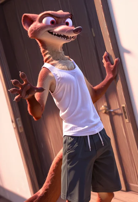masterpiece, best quality, 4k, 2k, newest, absurdres, highres, high resolution, ultra-detailed
(Duke Weaselton, shorts, disney style, Weasel, weasel body, furry, Duke Weaselton, red sclera, male, long body, model:1.2)
furry, furry anthro, solo, 1boy, detailed background, thin build, huge pecs, hands, dutch angle, posing, from front, shorts, white tank top