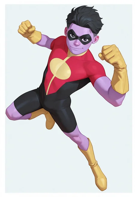 1boy, male focus, cute boy, rOliver_Grayson, Purple Skin, Colored Skin, Black Hair, Black Eyes, Domino Mask, Superhero Costume, Yellow Gloves, Yellow Boots, levitating, simple background, graphic border, cinematic, intricately detailed illustration, depth of field, masterpiece, best quality, amazing quality, very aesthetic, absurdres, newest, very awa, shadow, dynamic angle, casual cosplay, dynamic pose, action pose