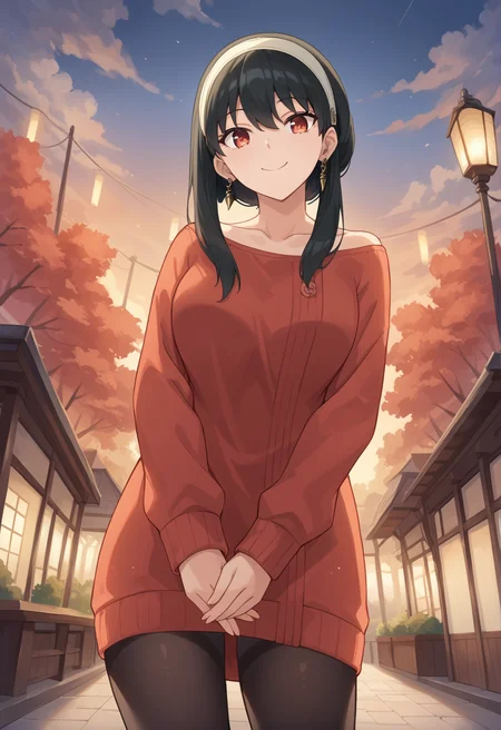 score_9, score_8_up, score_7_up, source_anime, masterpiece, best quality, highly detailed background, cinematic lighting, detailed eyes, detailed pupils, perfect face, Yor Forger, unique outfit, looking at viewer, standing, cute, smile, park, lanterns, festival, clouds, sunset, dark, warm light, dutch tilt, low angle, side locks, short hair,
<lora:Yor_Forger_Pony:0.8>