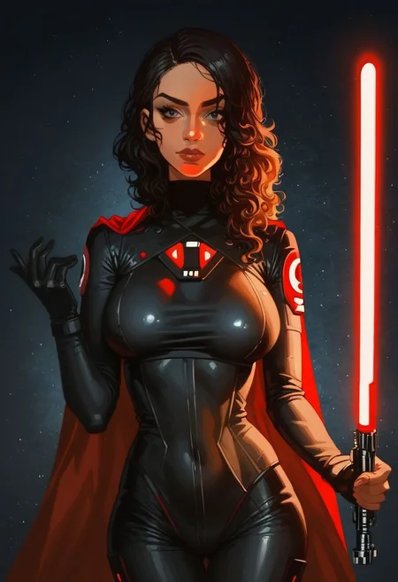 score_9, score_8_up, score_7_up, solo, [tachy:(panam palmer:1.2)],  beautiful girl, hearts, seductive, eyes, tight, visible skin, naughty pose, (stellar blade black neon bodysuit, tight bodysuit, wedgie bodysuit:1.6), 
bdsm, collar cyberpunk Samurai jacket, (female, red fire magical slim skin:1.14), Large linen cape, (nice face), (black harness, tight big black firm breasts), surrounded by a detailed spacescape with translucent carbon bodysuit, black dark-amber Highlights, (black red neon, emissive), (yellow smoked particules, hyper-detailed,:1.14) sharp, high resolution, high quality, 32K, Ultra realistic, HD, super detailed, line art, abstract style, (shinny skin, wavy hair:1.5), (star wars bad inquisitor:1.5), (circle hard powerful redblack light saber:1.2), (well formed five fingers hands on light saber:1.27)