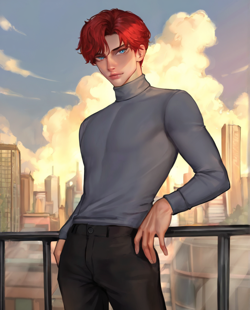 masterpiece, best quality, highres, extremely aesthetic, puririkaaastyle, cowboy shot, red hair, blue eyes, lips, grey turtleneck sweater, black pants, 1boy, solo, male focus, standing, looking at viewer, outdoors, city <lora:Puririkaaa - Style v1.0 [LoRA] - NoobAI-XL EPS 1.0:0.8>