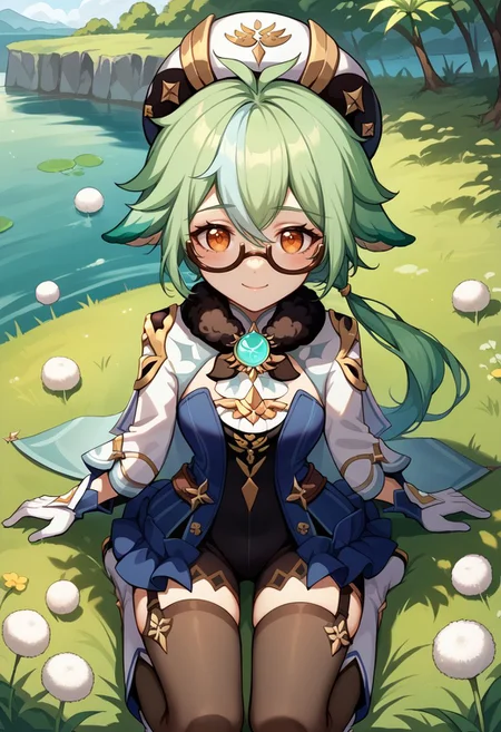 score_9, score_8_up, score_7_up, source_anime, 1girl, sucrosedef, orange eyes, green hair, multicolored hair, hair between eyes, long hair, ponytail, animal ears, glasses, semi-rimless eyewear, hat, beret, fur collar, vision (genshin impact), blue dress, gold trim, cape, long sleeves, white gloves, garter straps, black thighhighs, knee boots, white footwear, wariza, kneeling, closed mouth, smile, blush, looking at viewer, outdoors, grass, lake, wind, dandelion, portrait, close-up, upper body, facing viewer, <lora:Sucrose_v1-000010:1>
