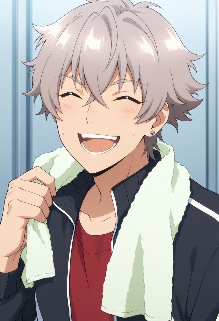 masterpiece,best quality,amazing quality, source_anime, 
kogaoogami, 1boy, male focus, solo, closed eyes, grey hair, jewelry, earrings, track jacket, black jacket, red shirt, towel around neck, sweat, smile, open mouth, happy,