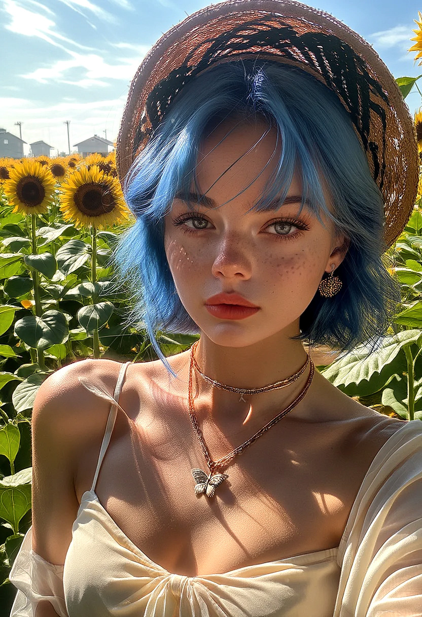score_9,score_8_up,score_7_up,score_6_up,score_5_up,score_4_up rating_explicit,nsfw, 1girl,Ukrainian girl,solo,looking at viewer,short hair,bangs,blue eyes,hat,blue hair,necklace,blurry,lips,depth of field,blurry background,bandages,butterfly,portrait,freckles,bandaid on face,blue butterfly <lora:OldAnimeStyle_XL_v3:0.8> Vintage, 1990s \(style\),(elegant dress, sunflowers)