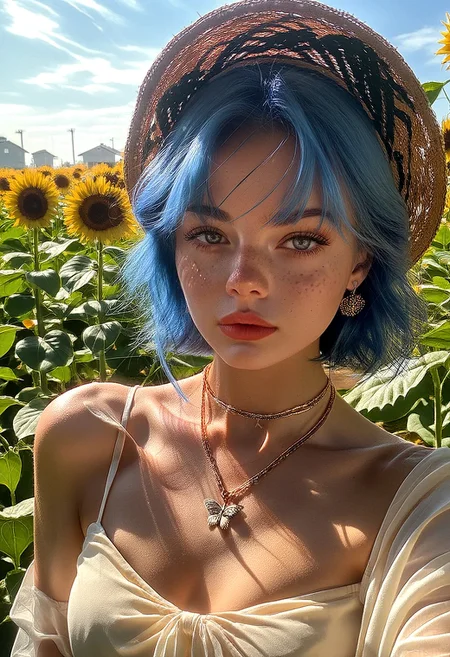 score_9,score_8_up,score_7_up,score_6_up,score_5_up,score_4_up rating_explicit,nsfw, 1girl,Ukrainian girl,solo,looking at viewer,short hair,bangs,blue eyes,hat,blue hair,necklace,blurry,lips,depth of field,blurry background,bandages,butterfly,portrait,freckles,bandaid on face,blue butterfly <lora:OldAnimeStyle_XL_v3:0.8> Vintage, 1990s \(style\),(elegant dress, sunflowers)