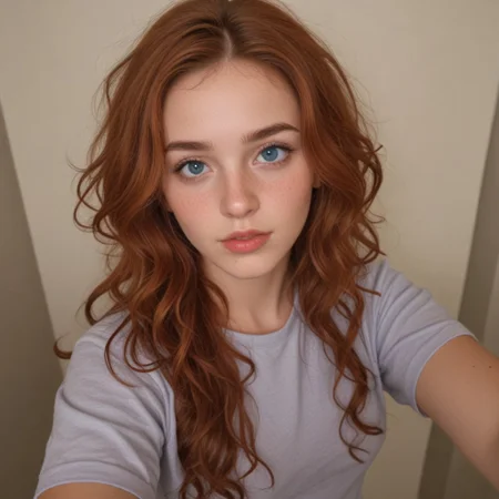 A selfie taken from above of a stunning redhead woman with bright and deep red long hair, curly hair that frames her face beautifully, She has clear and luminous blue eyes, smooth and fair skin with a subtle glow and freckles, the expression on her face is gentle and confident, slightly parted lips, The lighting is soft and natural, creating a warm and inviting atmosphere. The overall mood is serene and captivating, attention to detail in the texture of her hair and the sparkle in her eyes.