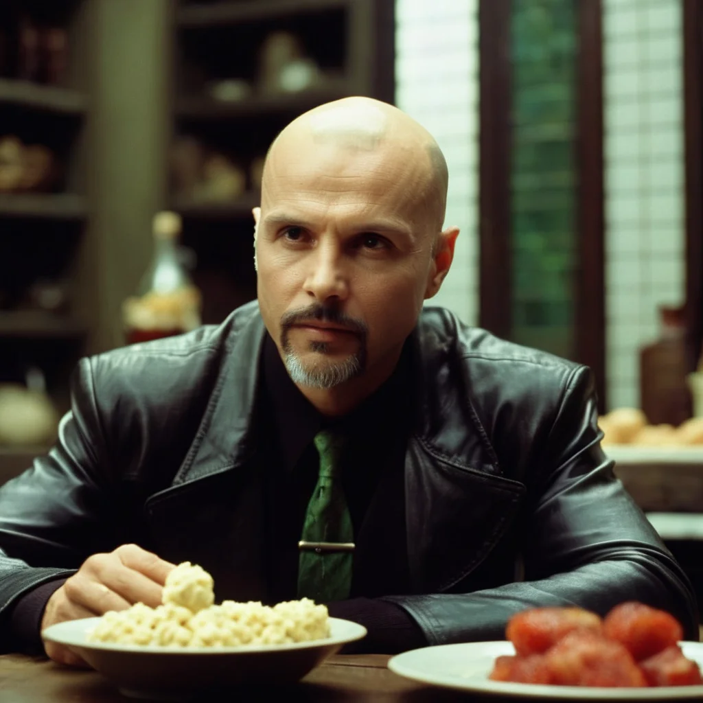 cinematic film still of <lora:The Matrix Style:1>
Joe Pantoliano Cypher a bald man sitting at a table with food staring at someone in front of camera The Matrix Style, shallow depth of field, vignette, highly detailed, high budget, bokeh, cinemascope, moody, epic, gorgeous, film grain, grainy