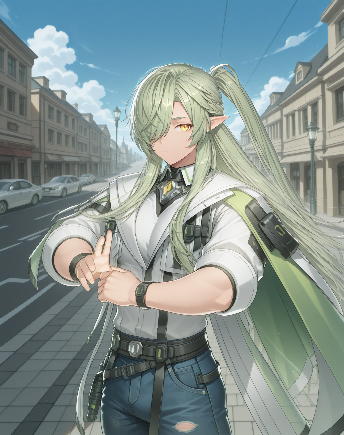 masterpiece,best quality,amazing quality, newest, very aesthetic, absurdres,
1boy, solo, yaoi, male focus, looking at viewer, cowboy shot, standing,
 <lora:Zero_T_FSI_ilxl:1>  zerotfsi, hair over one eye, green hair, pointy ears,yellow eyes, ponytail, half updo, elf, hair between eyes,sidelocks, one eye covered,
white shirt, jeans, sneakers,
outdoors, day, blue sky, building, street, road, lamppost, car,