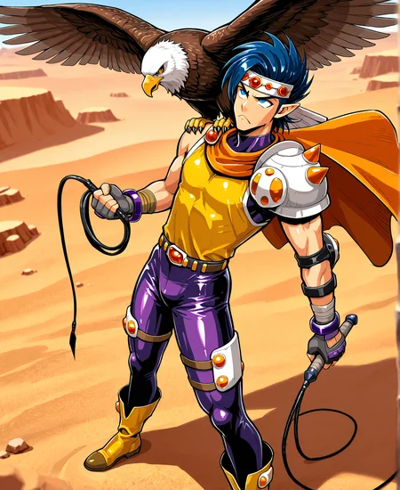 masterpiece, best quality, amazing quality, very aesthetic, absurdres, newest, rdf01, FMIXF, vibrant details, CURIL, 1boy, blue eyes, male focus, toned male, blue hair, headband, orange cape, one pauldron, loose yellow shirt, elbow pads, gray fingerless gloves, purple bracelets, sleeveless purple bodysuit, latex bodysuit, tight bodysuit, thigh armor, yellow boots, pointy ears, >:<, holding whip, desert, outdoors, looking up, (1other, eagle)